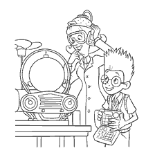 pagina da colorare: Una scena del cartone animato Visitare i Robinson con personaggi che esplorano il manifesto dei ricordi.