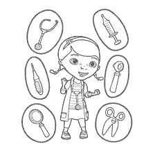 coloriage: Dr. Plusheva avec des outils pour les procédures médicales