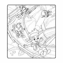 coloring page: Jake, Cubby and Izzy roll down yellow-green slippery boards.