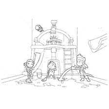 coloring page: Jake and his crew from the Pirates of Neverland wash the deck