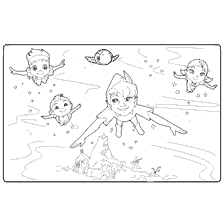 coloring page: Coloring with Peter Pan and his friends flying over Neverland