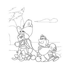 coloring page: Captain Hook and Mr. Smee walk down the beach with apples