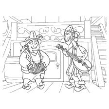 coloring page: Two pirate musicians with an accordion and a guitar on the background of the ship
