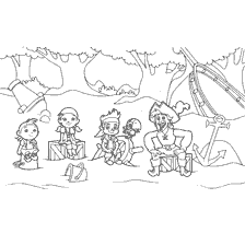 coloring page: Pirate children listen to history in the woods