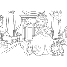 pagina da colorare: Principessa Sophia con animali nel palazzo