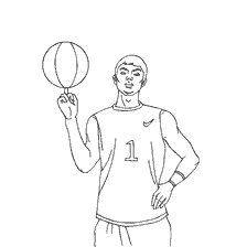 coloriage: Un homme en uniforme de basket qui tient la balle sur ses doigts.