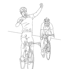 coloriage: Deux cyclistes en comp&eacute;tition, l'un d'eux heureux de gagner