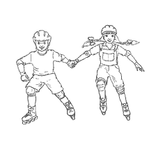 coloriage: Deux enfants sur des rouleaux, tenant la main, s'amusant