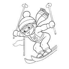 coloriage: Gar&ccedil;on de ski de montagne avec b&acirc;tons