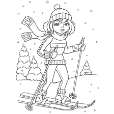 coloriage: Ski de fille dans la for&ecirc;t d'hiver