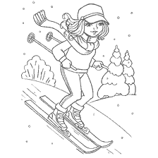 coloriage: Fille sur skis dans le paysage hivernal
