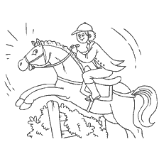 coloriage: Dessin avec un &eacute;questre qui saute &agrave; travers un obstacle