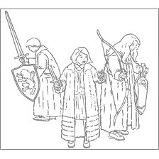coloring page: Characters of the Chronicles of Narnia with gifts: Susan, Peter and Lucia
