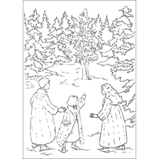 coloring page: Drawing with the characters of the Chronicles of Narnia at the magical apple tree