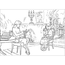 coloring page: Scene from the Chronicles of Narnia: lion, witch and wardrobe - faun plays flute with a girl in a cozy room