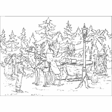 coloring page: White Witch and Her Servants in the Woods with Wardrobe and Lantern