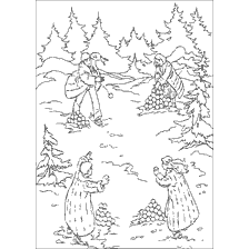 coloring page: Children in Narnia sculpt snowmen and stage a snow battle