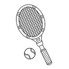coloring page: Drawing of tennis racket and tennis ball for coloring