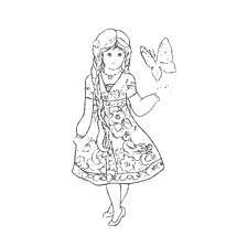 coloriage: Dessin d'une fille dans un costume national avec un papillon