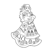 boyama sayfası: Rus kızların kıyafetlerini tasvir eden Mezen resim.