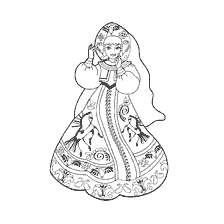 boyama sayfası: Mezen resim tarzında Rus g&uuml;zelliğinin kost&uuml;m&uuml;