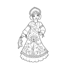 coloring page: Black and white coloring of a Russian girl dressed with Permogorsk painting