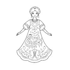 coloring page: Coloring picture of the Russian beauty in the outfit with Permogorsk painting