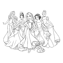 pagina da colorare: Colorazione con Disney Princesses: Aurora, Tiana, Rapunzel, Biancaneve e Cenerentola