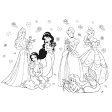 pagina da colorare: Immagine da colorare di principesse Disney circondato da fiori