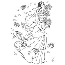 pagina da colorare: Disegno di Cenerentola, Ariel e Biancaneve con Fiori