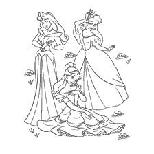 pagina da colorare: Principessa Disney Colorazione: Aurora, Belle e Ariel