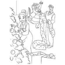 pagina da colorare: Principessa Tiana decora l'albero di Natale con l'aiuto di amici.