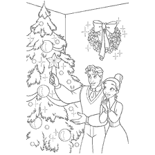 pagina da colorare: Principessa Tiana e il suo principe si rallegrano all'albero di Natale con palle e decorazioni natalizie.