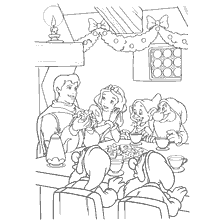 pagina da colorare: Principesse e nani Disney festeggiano la Vigilia di Capodanno a tavola con i dolcetti