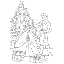 pagina da colorare: Principessa Ariel e Principe Eric festeggiano il nuovo anno all'albero di Natale