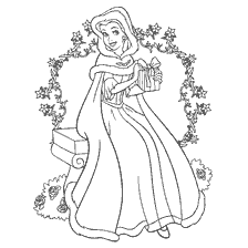 pagina da colorare: Principessa Belle in inverno cappotto detiene un regalo tra ornamento floreale
