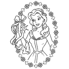 pagina da colorare: Princess Belle detiene un fiocco di neve e un nastro sullo sfondo dei fiocchi di neve