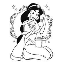 pagina da colorare: Principessa Jasmine apre felicemente il regalo di Capodanno