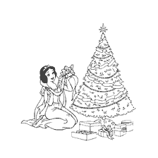 pagina da colorare: Disegno di Biancaneve, festeggiare il nuovo anno all'albero di Natale con regali