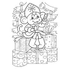 coloring page: Coloring a monkey next to a Christmas tree and gifts
