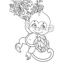 coloring page: Drawing of a monkey holding bananas and hanging on a branch