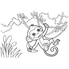 coloring page: Baby monkey hangs cheerfully on a branch with a banana