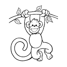 coloring page: Coloring picture of a cheerful monkey hanging on a branch