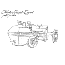 kleurplaat: Afbeelding van de eerste zelfrijdende machine ontworpen door Nicolas-Joseph Cugnot in 1769.