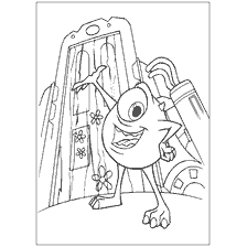 coloring page: Coloring with Mike Wazowski standing in front of the door at the Monsters Corporation