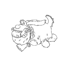coloring page: Duke with a toy in his teeth runs away, holding Max on a leash