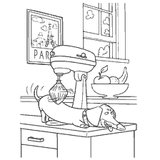 coloring page: Buddy, a dog from the Secret Life of Pets, lies on a table receiving a massage from a food processor.