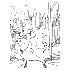 coloring page: Max is the main character standing on the street in a city with tall buildings in the background.