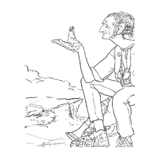 coloriage: Le géant BDV tient la fille Sofia dans la paume de sa main sur fond de paysage pittoresque.