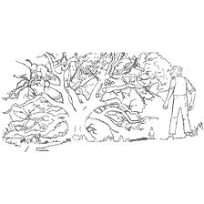 coloriage: Illustration du Dream Tree du conte de fées Grand et Bon Géant, avec un arbre énorme et un géant